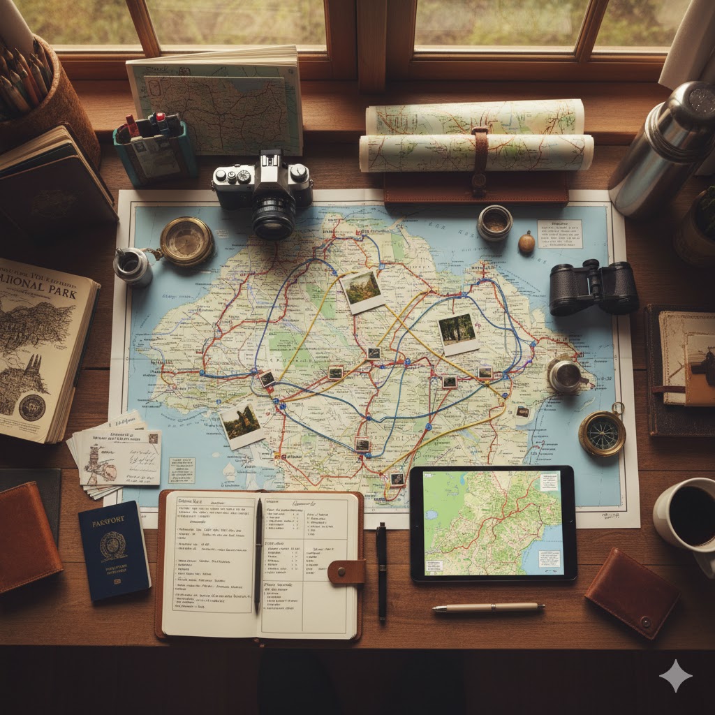 Planning desk with route maps